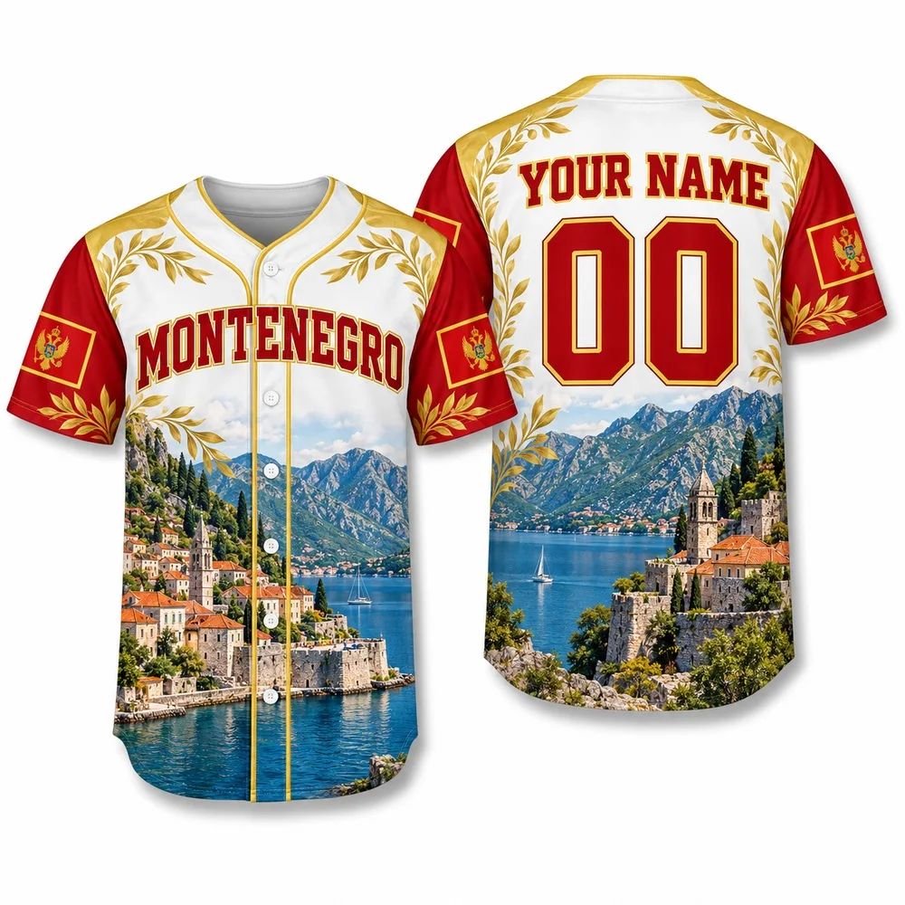 Montenegro Red Gold Jerseys Shirt Castle and Bay Prints Button Up Colorful Original Shirts with Heritage Baseball Jersey