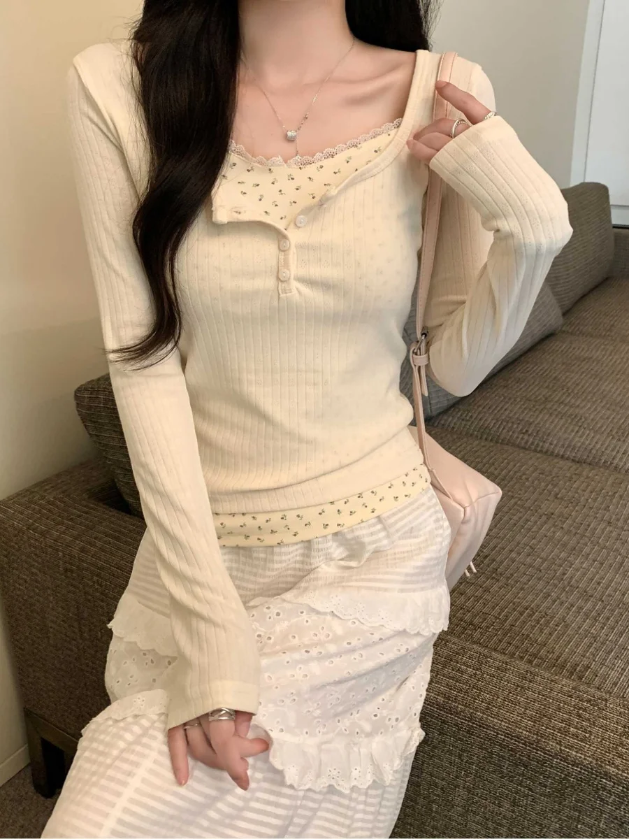 Slim Fit ort Svel T-irt Women's Early Autumn Waist Cinched Floral Print Base Layer irt Top Korean Sle Commute Wind