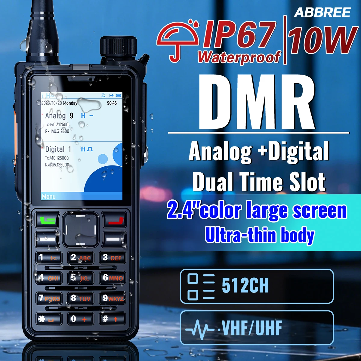 ABBREE AR-880 DMR Walkie Talkie 10W IP67 Waterproof Dual Time Slot Large Screen UHF/VHF Dual Mode Analog 512CH SMS VOX Ham Radio