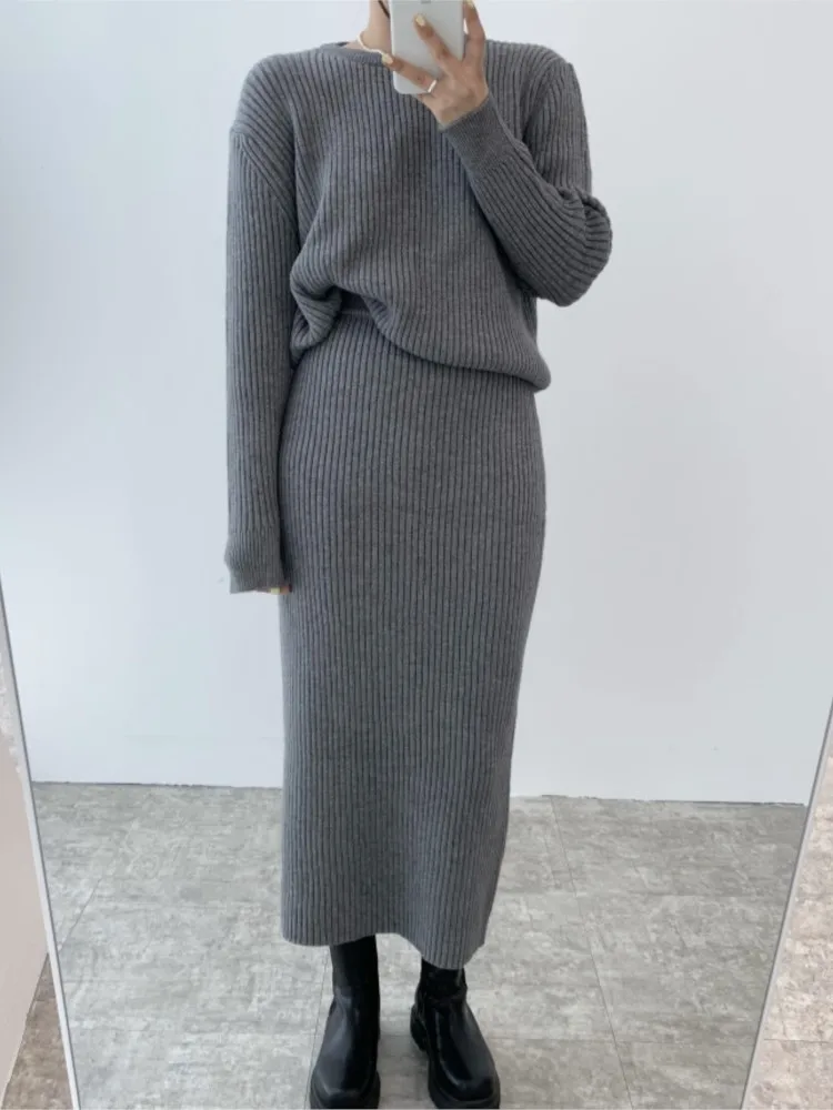 Knitted Autumn 2 Two Piece Set Women Long Sleeve Casual Korean Style Ladies Sweaters High Waist Fashion Woman Long Skirts