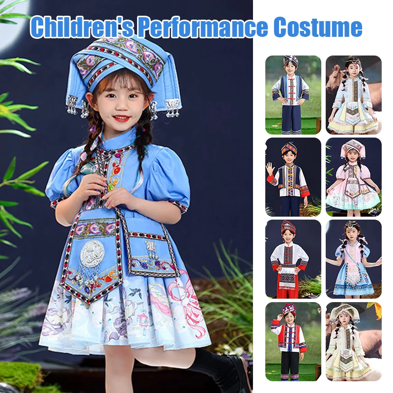 1 Set Ethnic Style Kids Tops Skirt 2-piece Set With Headwear Girl Hanfu Minority Festival Ethnic Dance Stage Performance Costume