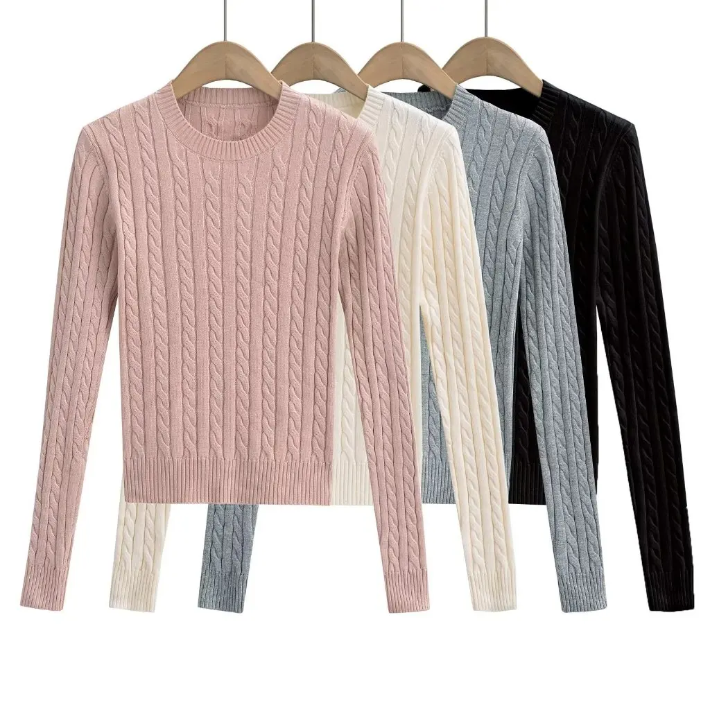 

Women's Retro round Neck Pullover Sweater Spring Short Tight Waist Gentle Twist Korean Style Fashion Top