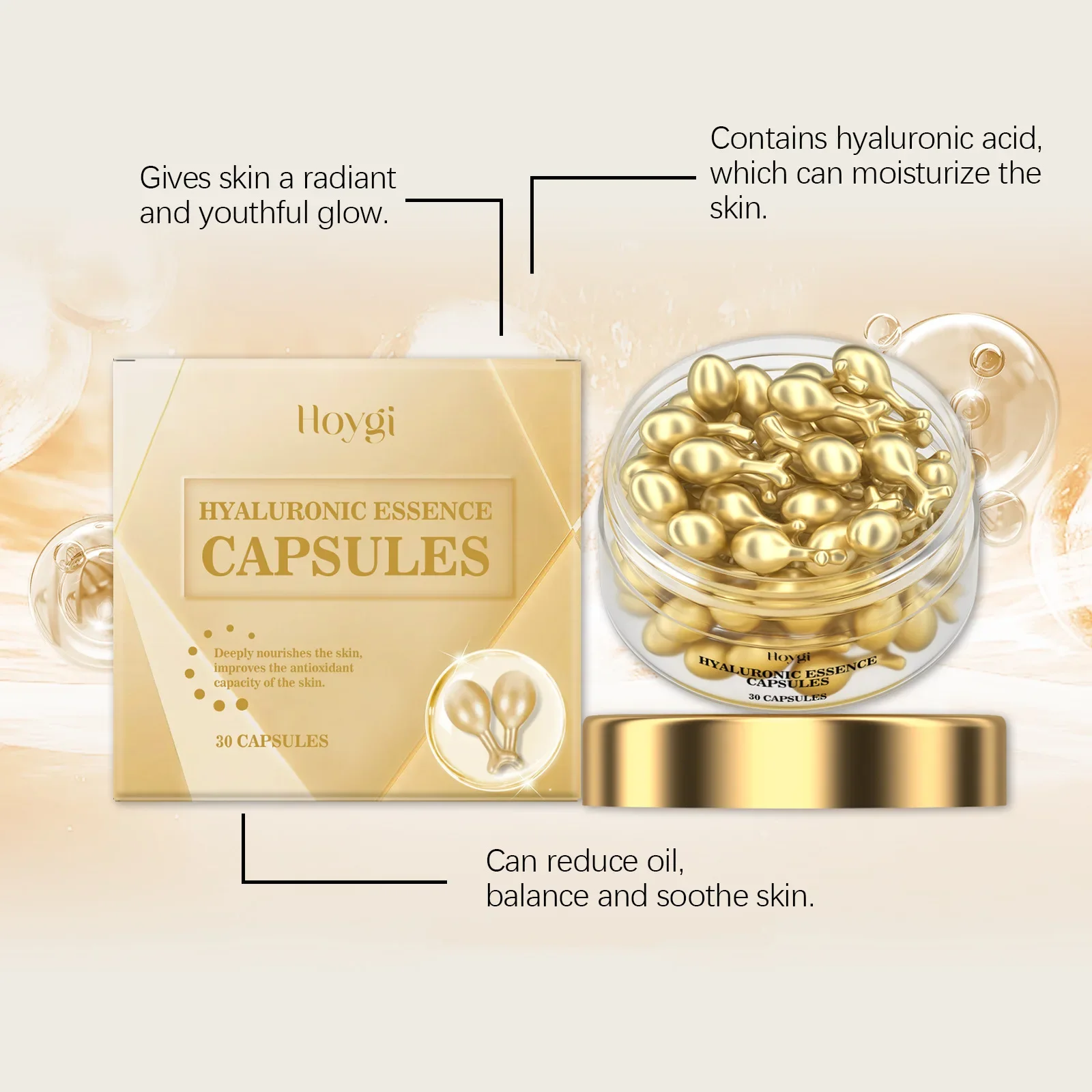 HOYGI Hyaluronic Acid Serum Capsules Gentle Moisturizing Facial Essence Intense Hydration Skin Softening Refining Anti-Aging