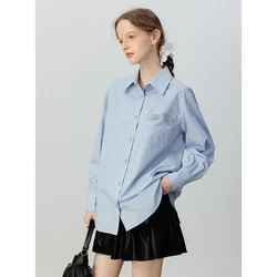 Eggka Solid Turn-Down Collar Blouse Women's Autumn Long-Sleeve Shirts Single-Breasted Casual Shirts Pockets Ol Fashion Blouse