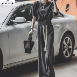 2024 Summer Set Women's Thin Style Temperament New Fashion High Grade Slim Short Sleeve T-shirt Wide Leg Pants Two Piece Set