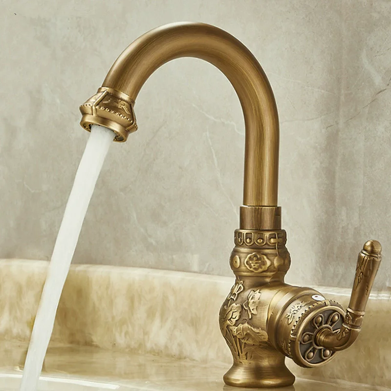 

Exquisitely Carved Solid Brass Lavatory Faucet, Deck Mounted Vintage Mixer Tap for a Timeless Bathroom