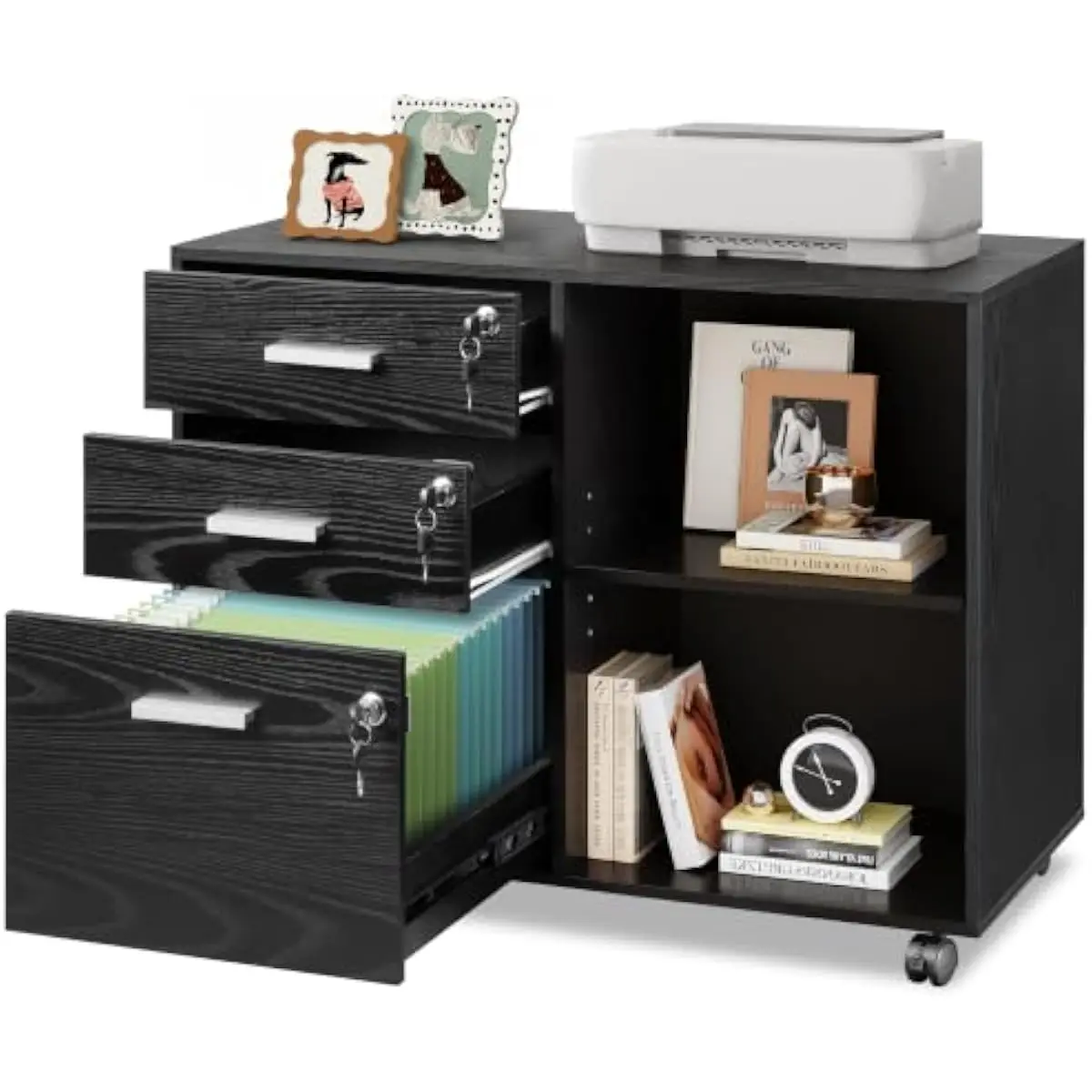 Three-drawer lateral filing cabinet with locking mechanism and casters, engineered wood construction, waterproof scratch-resista