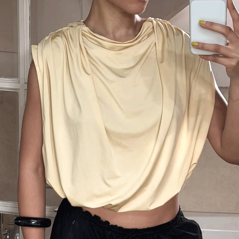

Ticketsx Women's Summer Backless Tops Fashion Ruched Patchwork Lace Up Sleeveless Tops Vintage Female Vacation Commute Clothing