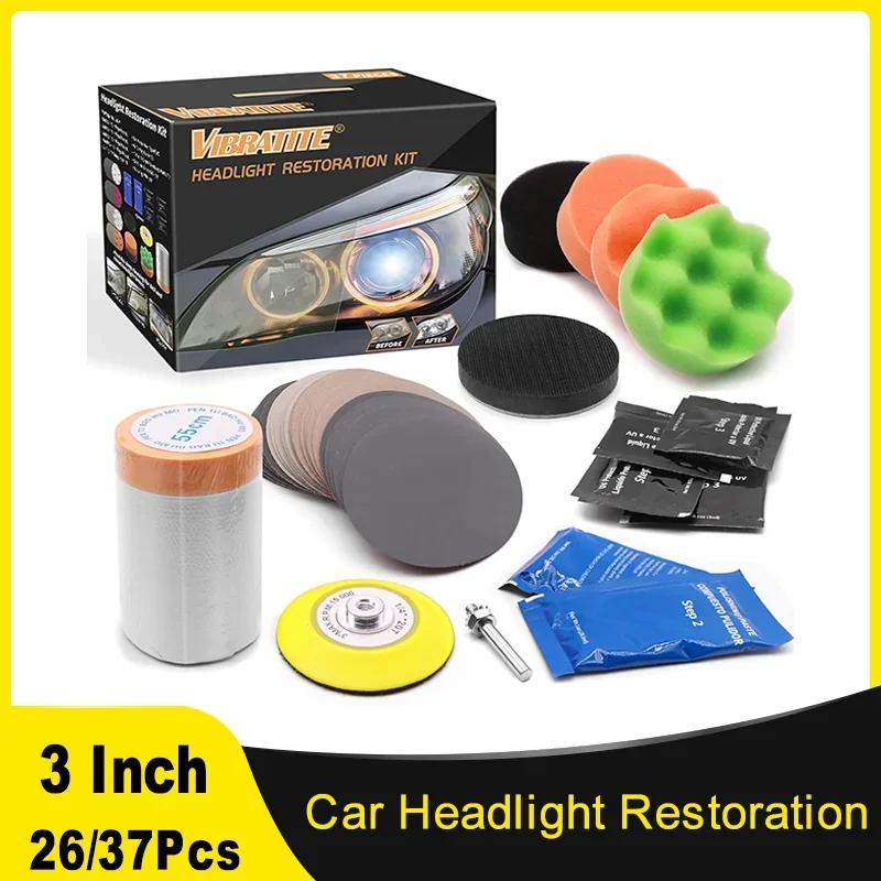 3 Inch 75MM Car Headlight Restoration Kit 26/37 Pcs with 1/4 Inch Shank Backing Pad Drill Buffing Sponge Pads Soft Interface Pad