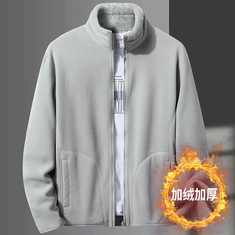 Men Double-sided Polar Fleece Jacket Autumn Winter Outdoor Plus Velvet Warm Stand Collar & Hooded Cardigan Hiking Camping Coats