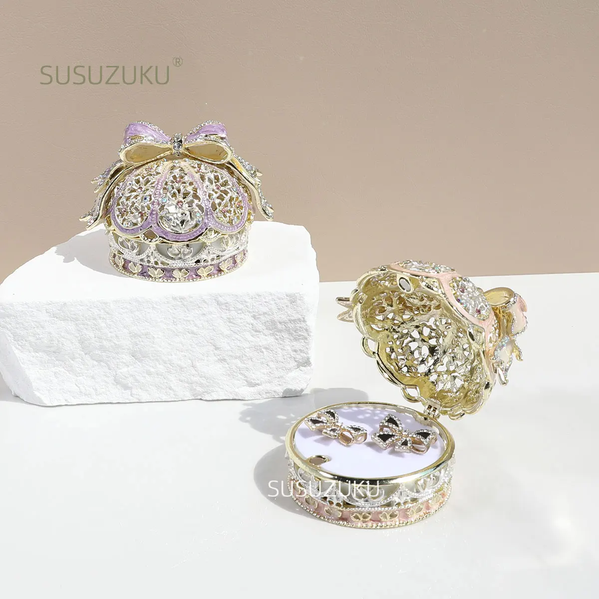 Alloy Enamel Jewelry Box European Princess Bowknot Crown High-end Jewelry Ring Wedding Ring Jewelry Storage Box