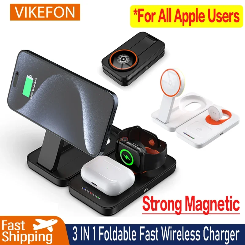 

VIKEFON Magnetic Wireless Charger Fast Charging Pad Stand for iPhone 15 14 13 Apple Watch 8 7 Airpods Magnet Phone Charger DocK