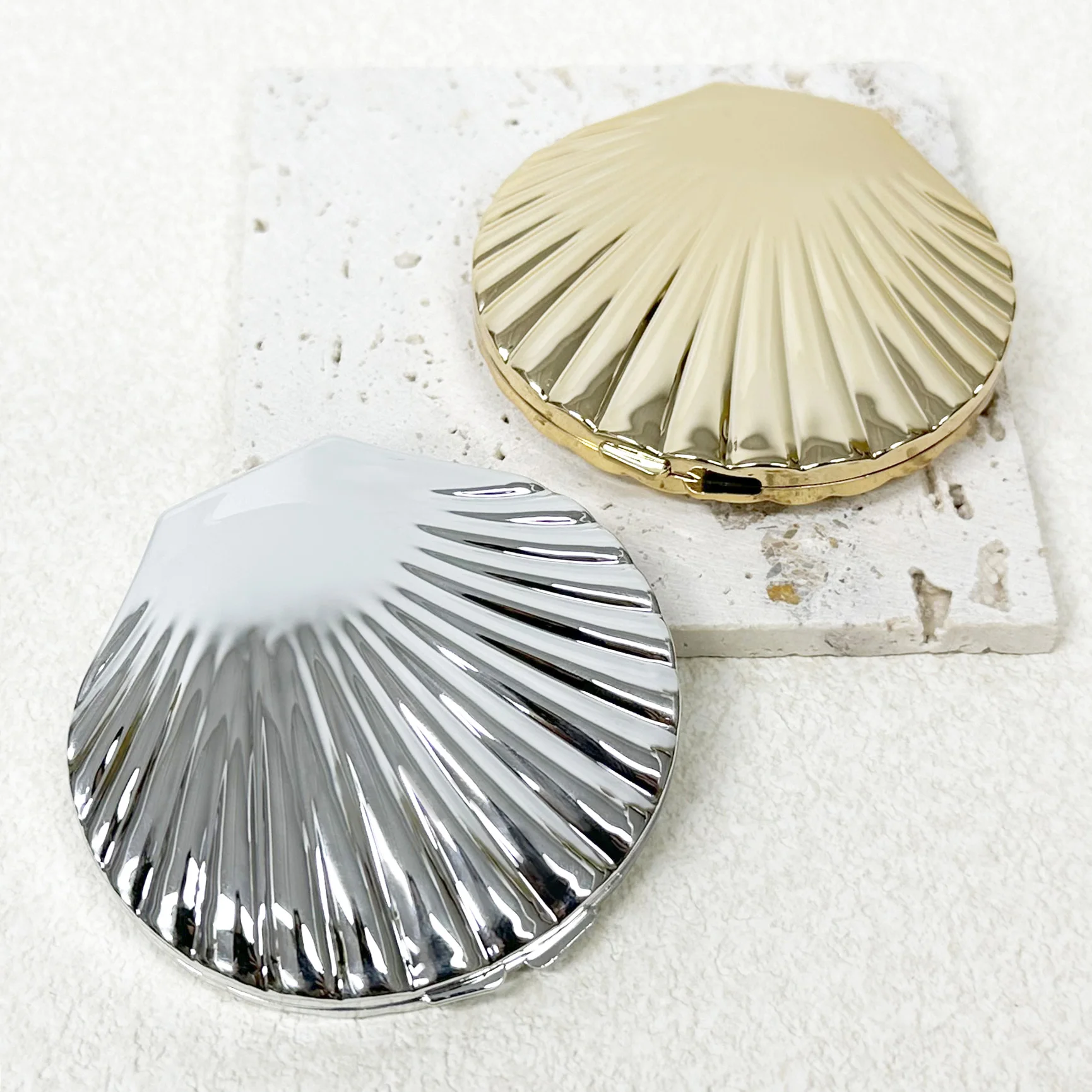 Shell Shaped Double Sided Makeup Mirror, Silver and Gold Shell Mirror, 1X/2X Folding Hand Mirror