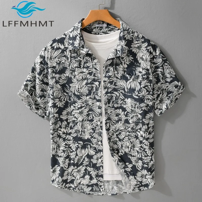 Summer Fashion Flower Print Cool Touch Holiday Beach Men's Linen Blended Shirt Loose Casual Short Sleeve Sun-protection Tops