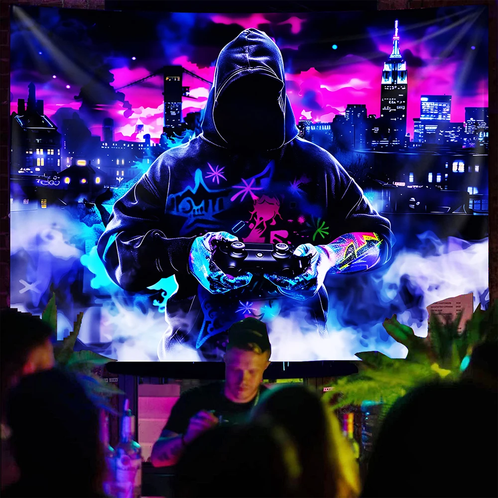 1pc  Neon Gamer Hooded Urban City Tapestry, Cool Cyberpunk Wall Hanging for Bedroom Game Room Decor