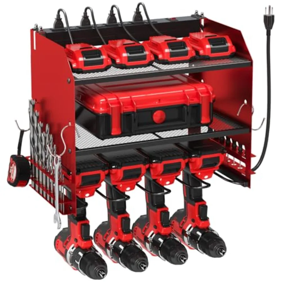 

Настенный органайзер для электроинструментов с зарядной станцией, 4 держателями для дрелей, встроенной 8-портовой розеткой, для хранения инструментов и аккумуляторов