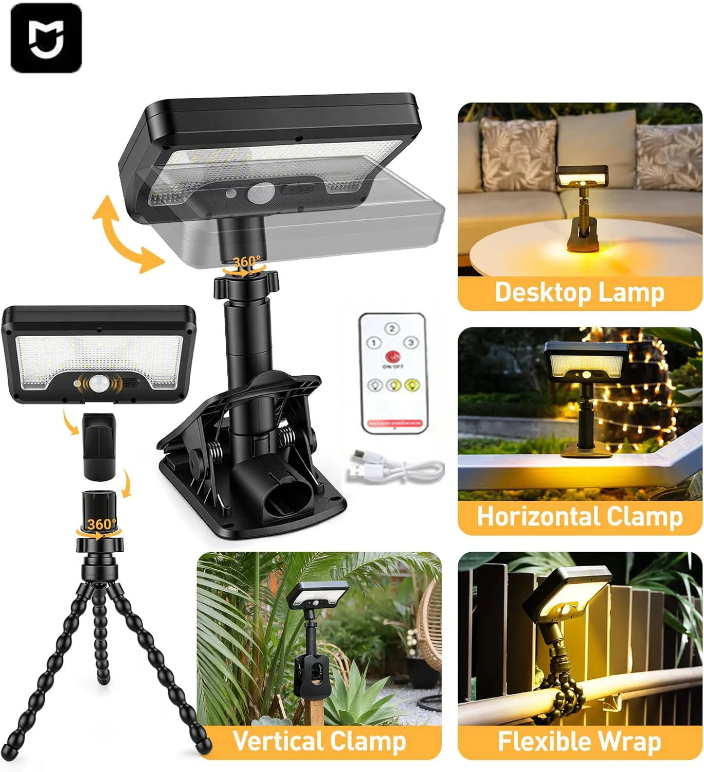 

Солнечная лампа-прищепка с 3 цветами светодиодов, датчиком движения и гибким штативом-осьминогом 360° ° Водонепроницаемый уличный светильник для ограждений и заборов