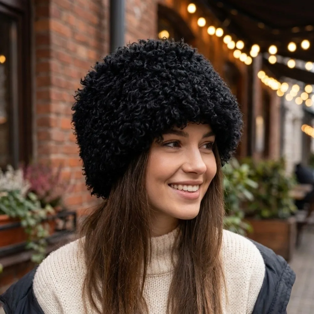 Warm Thick Warm Curly Faux Fur Bucket Hat Face Slimming Soft Fisherman Cap Plush Polyester Snow Hat Outdoor