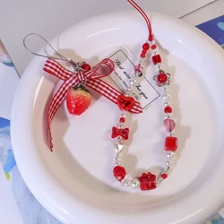 Korea Cute Charm Red Love Bowknot Phone Chains For Women Girls Telephone Jewelry Strap Beaded Lanyard Hanging Cord Accessories