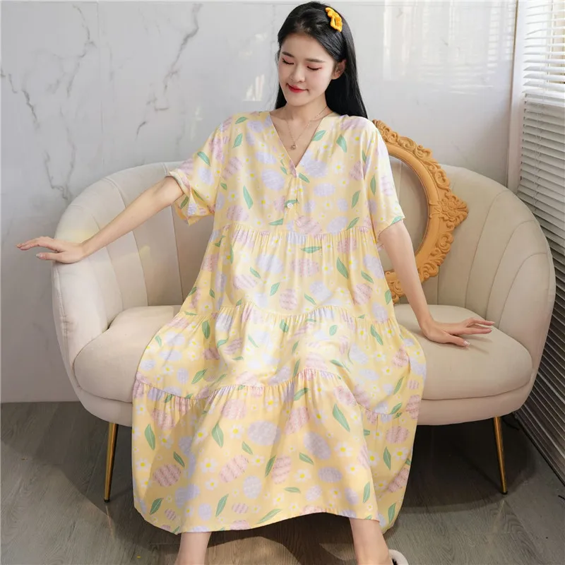 New Cotton Rayon Sleeping Dress Spring Summer Thin Outwear V-Neck Loose Large Size Long Dresses Home Wear Nightgowns Women