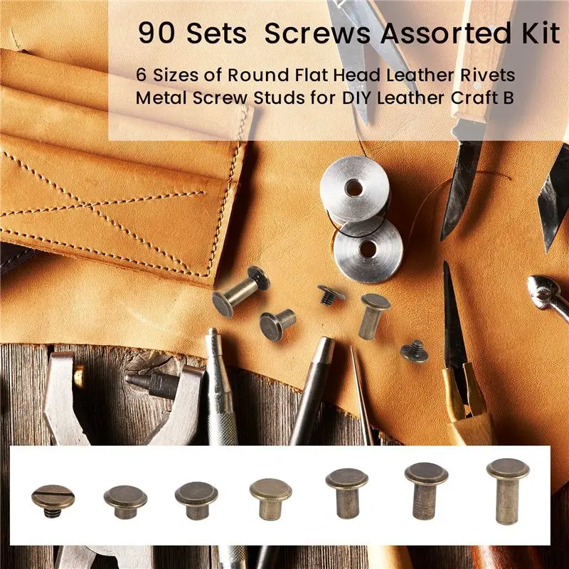 AEE3-90 Sets Chicago Screws Assorted Kit, 6 Sizes Of Round Flat Head Leather Rivets Metal Screw Studs For DIY Leather Craft