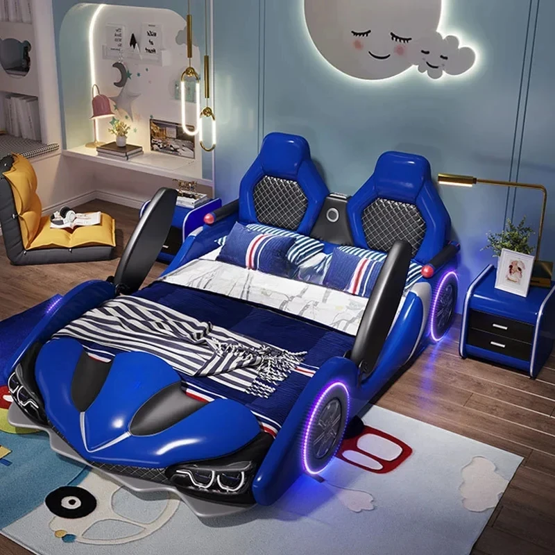 Factory Wholesale Double Creative Kids Car Bed Boy Cartoon Leather Single Bed with Guardrail Girl Children Racing