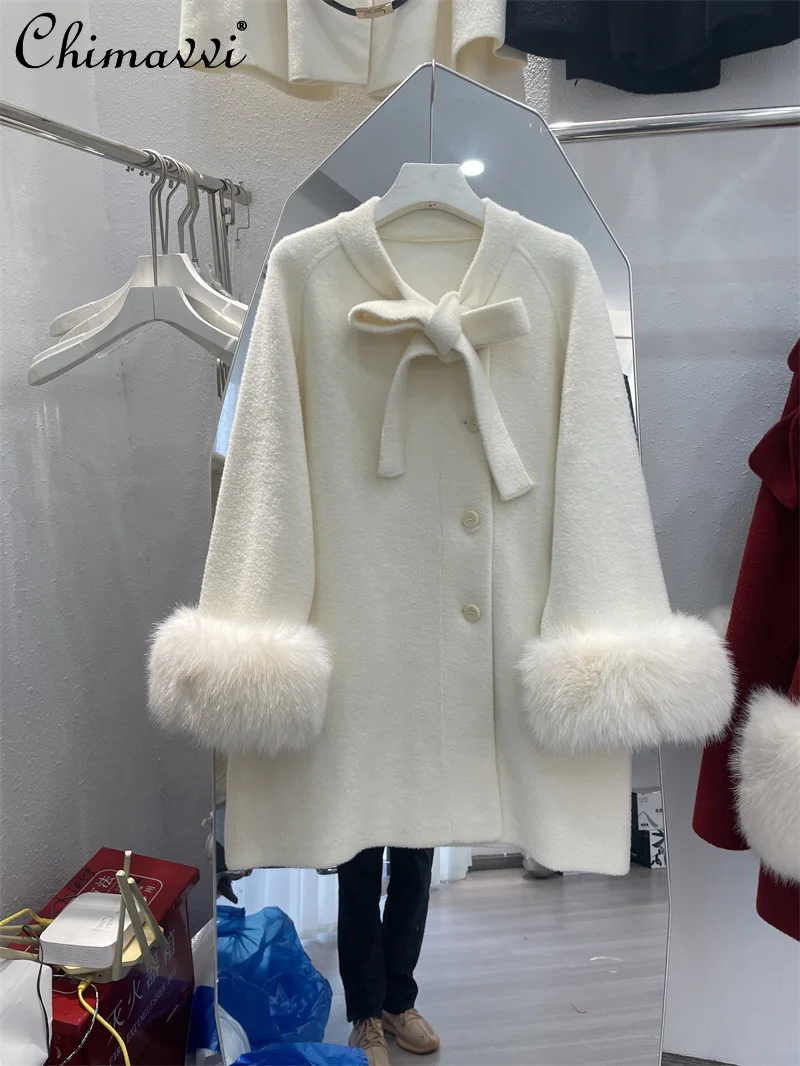 

Korean Fashion Bow Women's Coat Autumn and Winter New High-end Wool Sleeve Splicing Loose Elegant Mid-length Wool Coat Blends