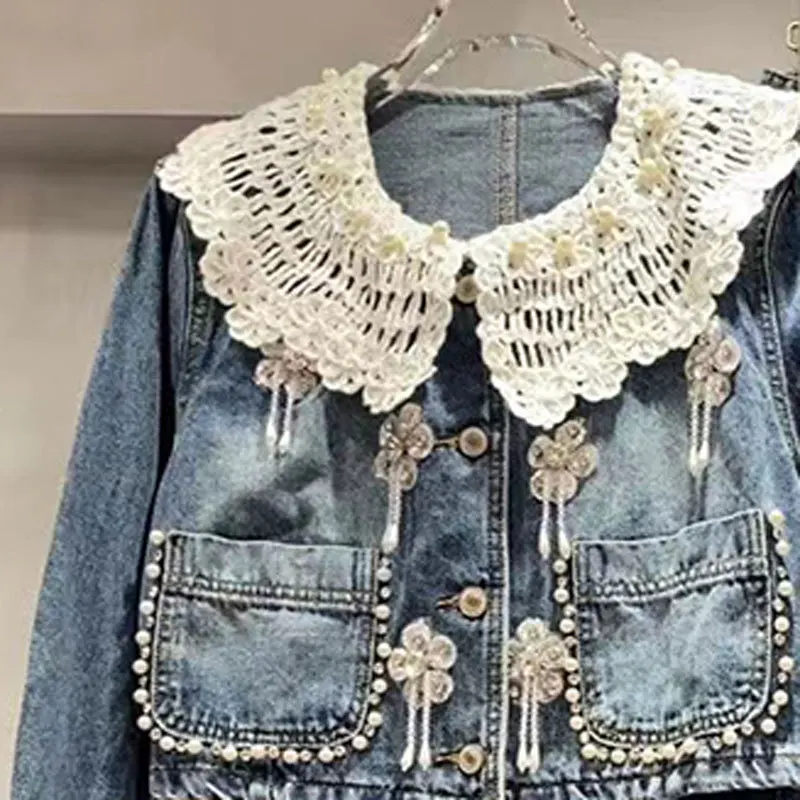 Fashion Trend Heavy Industry Beaded Jacket Skirt Jeans Sets Loose Versatile Casual Single-Breasted Short Jacket Women Outerwear
