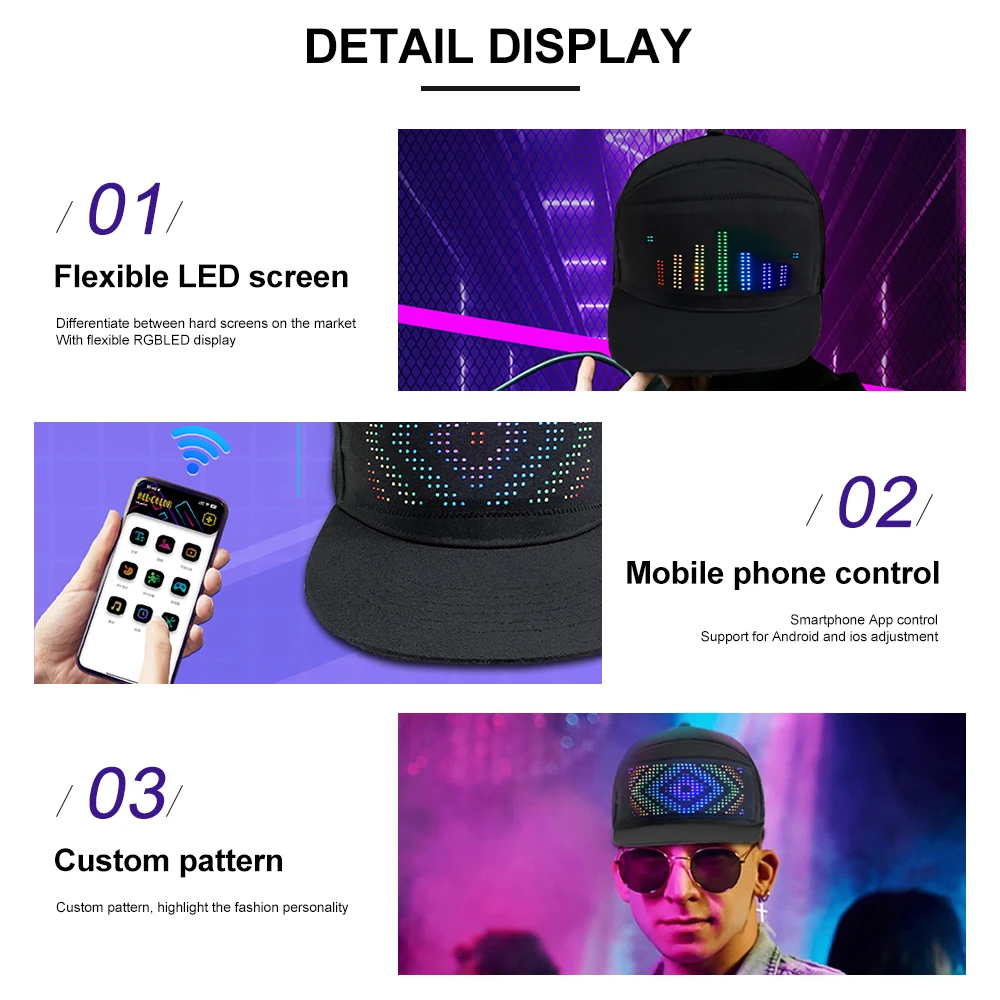 Imagem -06 - Diy Led Light Display Screen Chapéu Matrix Inteligente App Controlado Exibir Sinais Caps Chapéu de Beisebol Bluetooth Hip Hop Festa Cool Decor