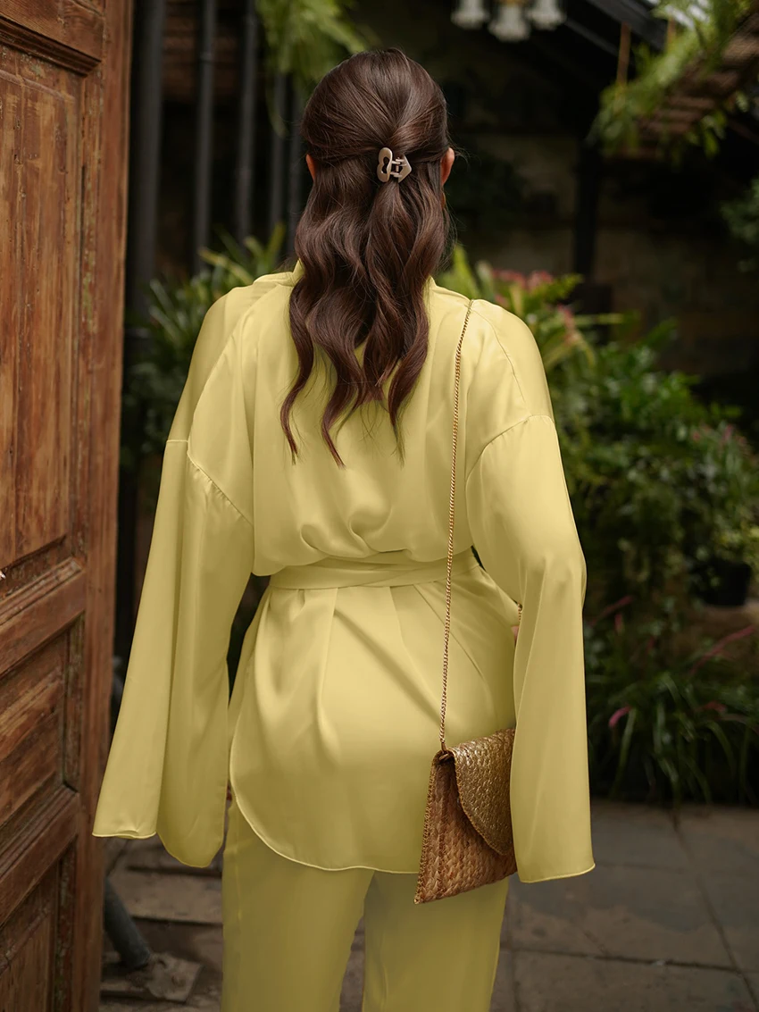 Marthaqiqi Autumn Ladies Sleepwear Suit Long Sleeve Robe Sexy V-Neck Nightgowns Lace Up Nightwear Pants Casual Female Pajama Set