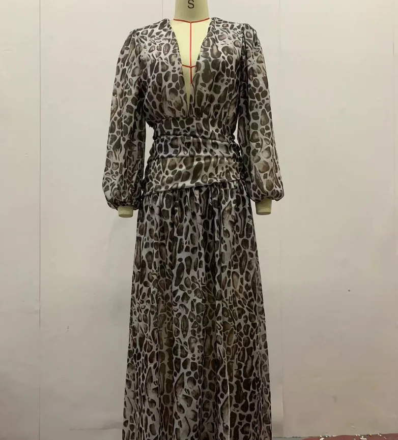 レディース V ネック ウエスト締めスリムフィット不規則なヒョウ柄ロングドレス、エレガントなサマーウエスト締め A ラインドレス女性用