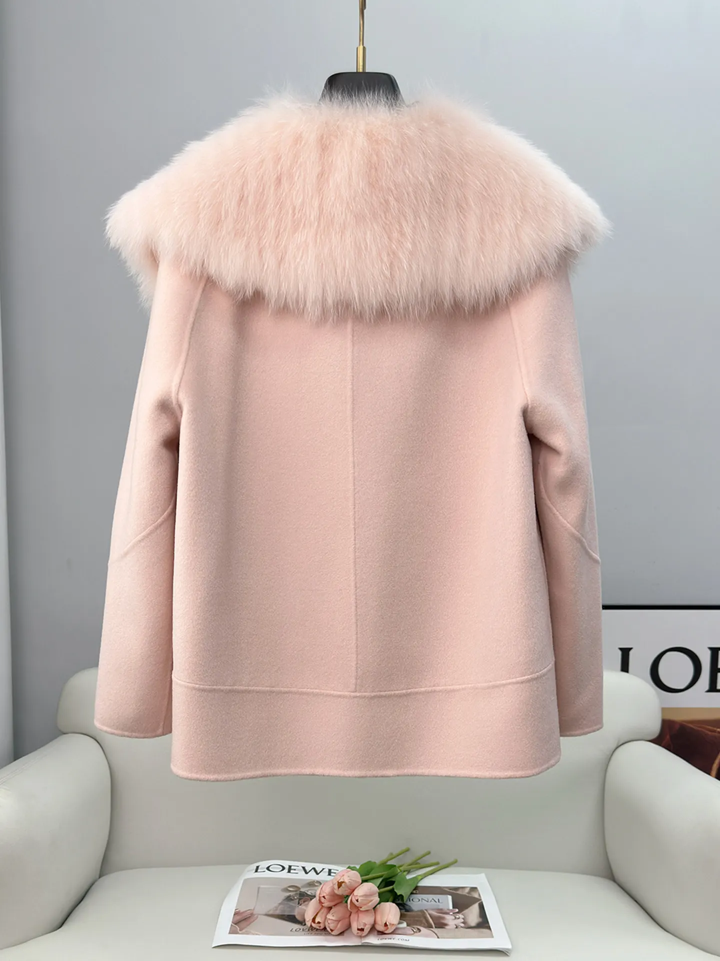 Detachable fox fur collar double-sided wool coat, new style of double-sided cashmere wool coat for women in autumn and winter 20