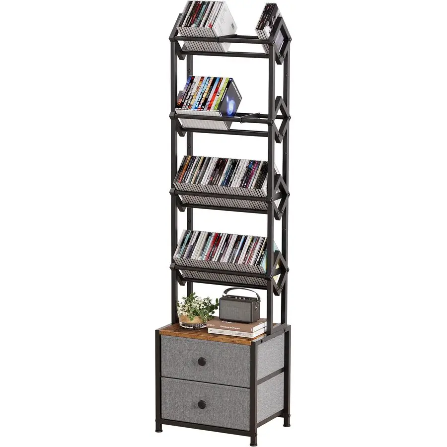 

Storage Rack with Drawers, 5Tier Media Organizer DVD Storage Shelf, Large Capacity for CD DVD, Books amp Games, Ideal for Livin