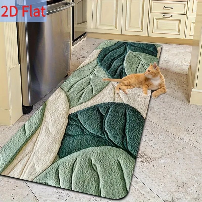 Spring Green Leaf Pattern Kitchen Mat, Machine Washable, Suitable for Entryways, Living Rooms, Bedrooms, and Bathrooms