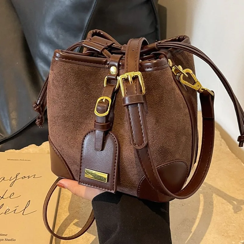 Versatile Bag Women 2024 New Trendy and Fashionable Retro Drawstring Shoulder Bag Bucket Bag Color Block Crossbody Bags