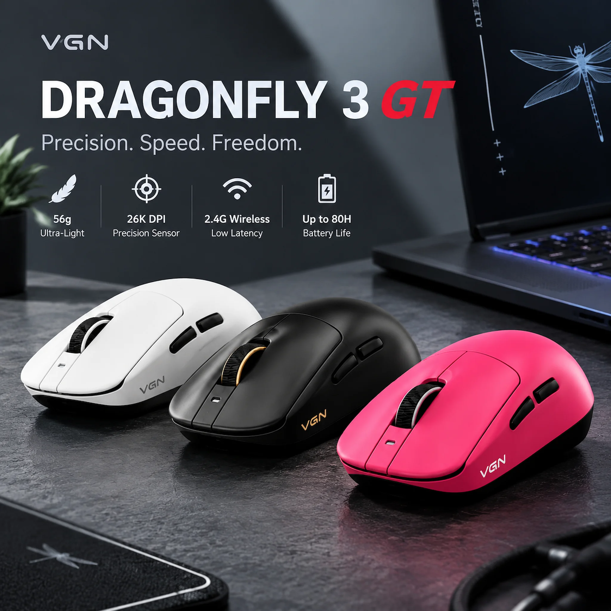 Vgn Dragonfly 3 Master Tri-Mode Wireless Gaming Mouse, 8k Polling Rate Ultra Light Ergonomic, Long Battery Life For Pc Gaming