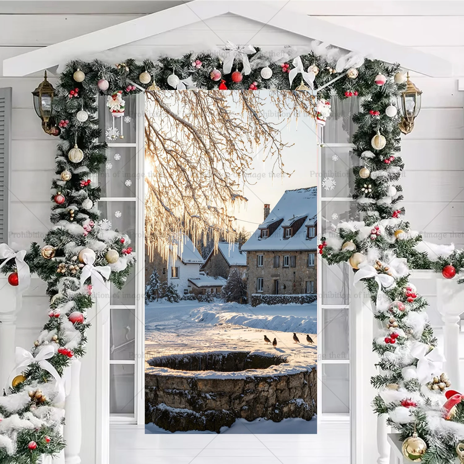 Winter Street Theme Background Snowflake Blue Sky Night Warm Streetlight Door Cover Party Decoration Poster Banner Prop Gift