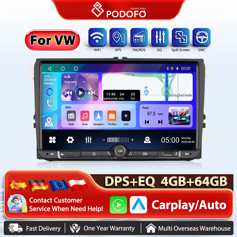 Podofo 9'' 4 + 64G Drahtlose CarPlay Auto Radio Für VW Android Auto AI Stimme DSP GPS Multimedia Player FM/RDS WIFI EQ BT Autoradio