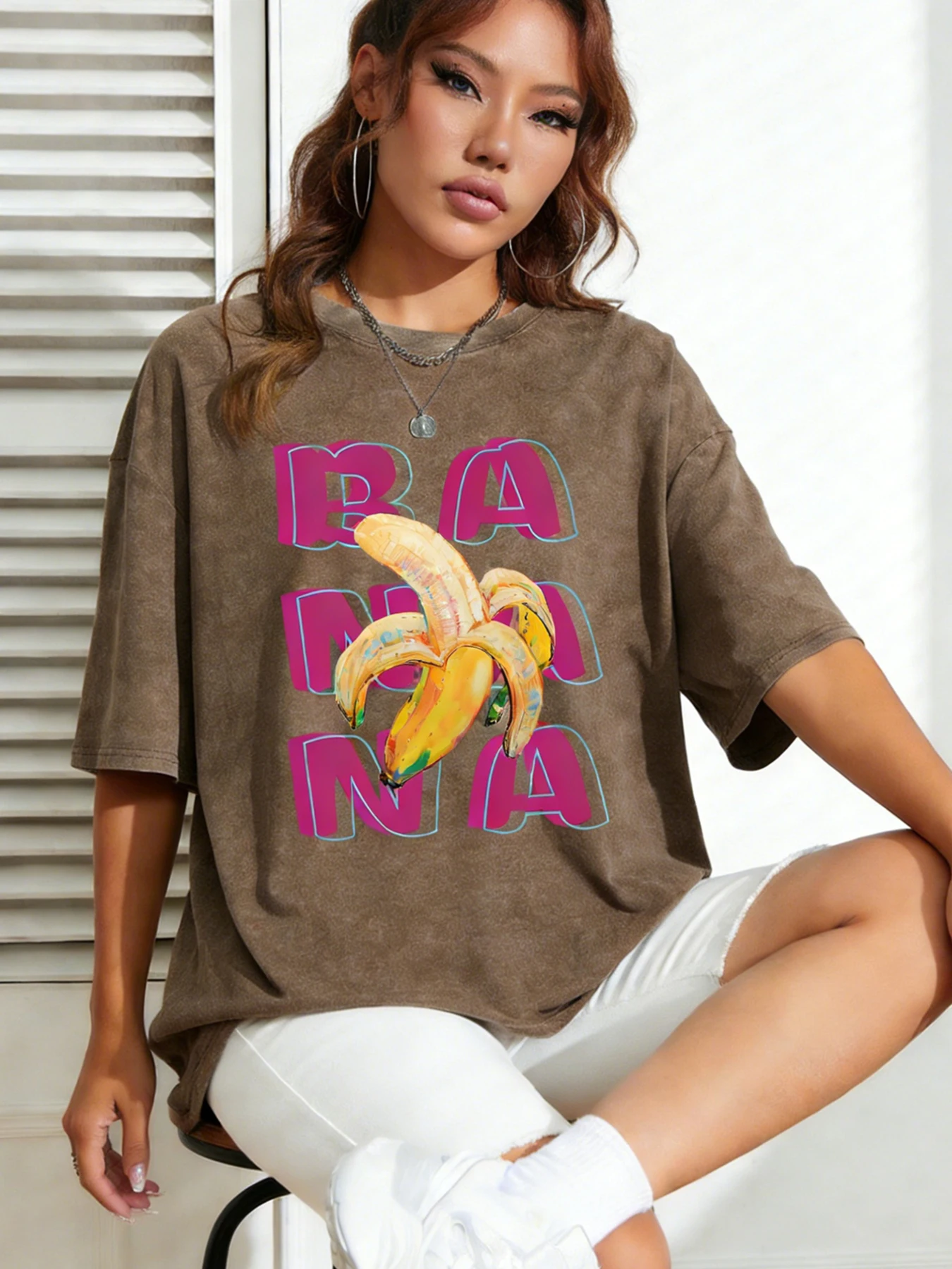 

Женская мешковатая изношенная хлопковая футболка с короткими рукавами и рисунком банана, повседневный топ с жирным буквенным принтом для повседневного отдыха, стильная одежда, топы