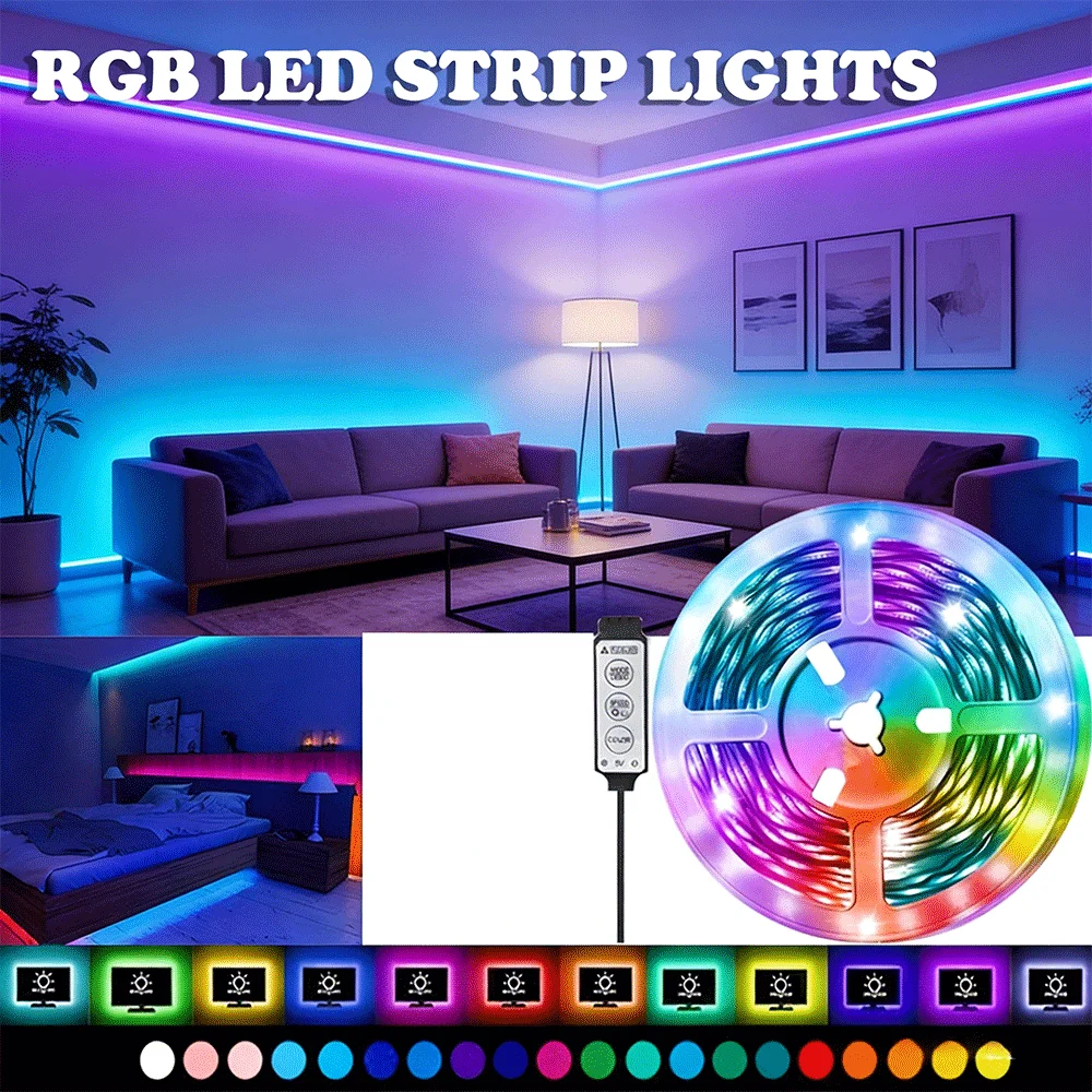 

Яркая портативная светодиодная лента RGB с изменением цвета, 12 светодиодов/м – USB 5В, регулируемая яркость и цвета, самоклеящаяся основа – для спальни