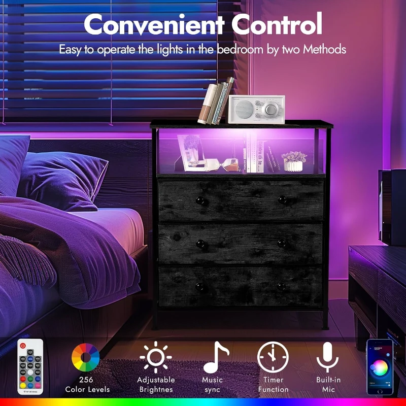 محطة شحن 3 أدراج، مجموعة حامل ليلي LED بعرض 24 بوصة، 2 مع رف تخزين درج قماشي قابل للتعديل لغرفة النوم باللون الأسود #3