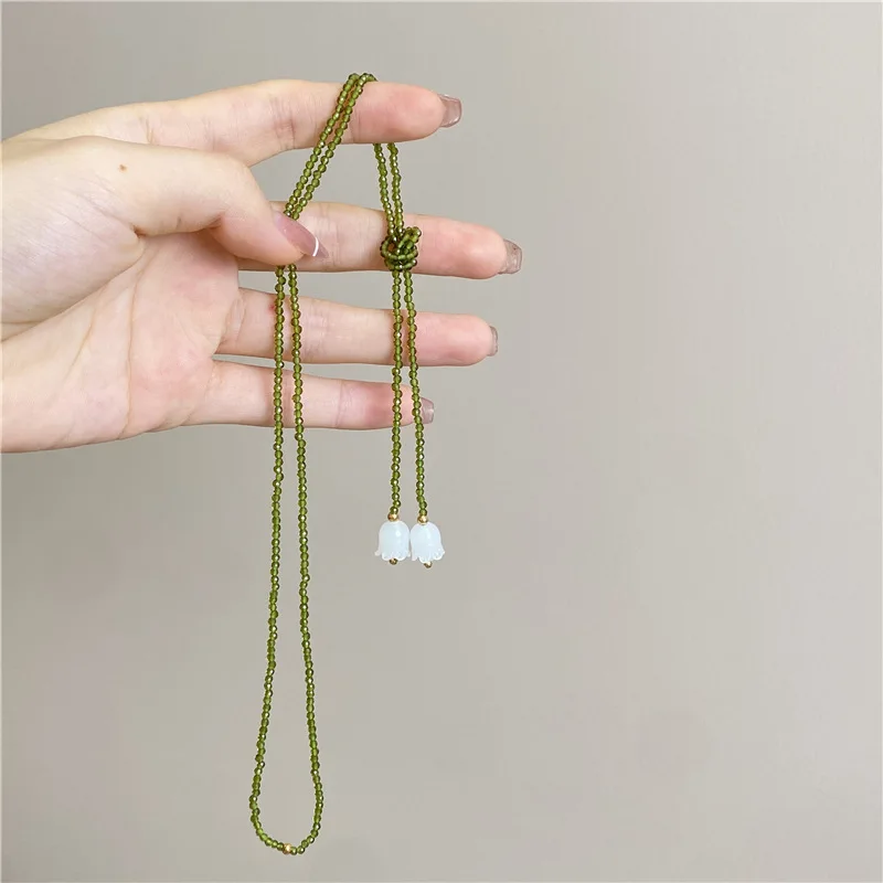 Olive Green Crystal Beads White Lily of The Valley Double Layer Wrapped Necklaces for Women Various Wearing Methods Wholesale