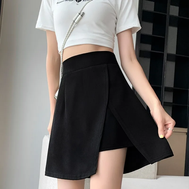 Spring Summer High Waist Black A- line Short Skirt Women Split Half Elf Packag Hip Skirt Polyester Fabric Korean Style NS5879