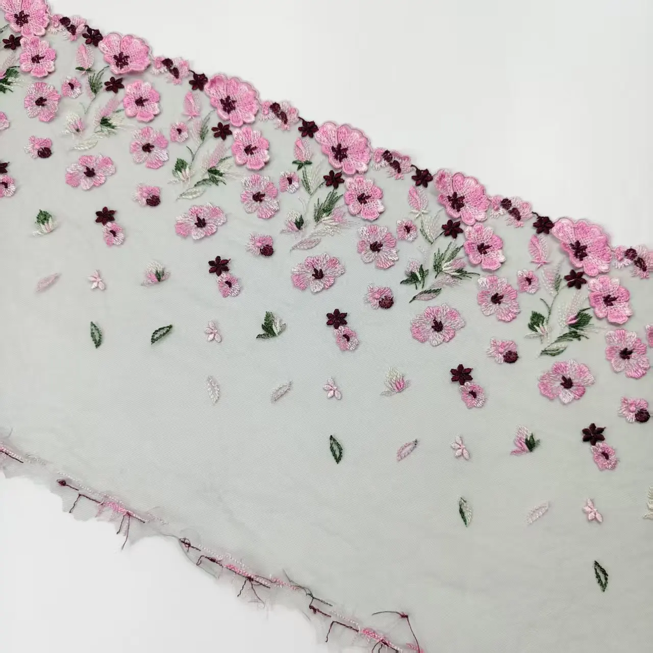 ピンクの立体小花グリーンネット刺繍レースdiy手作りアクセサリー幅27cm