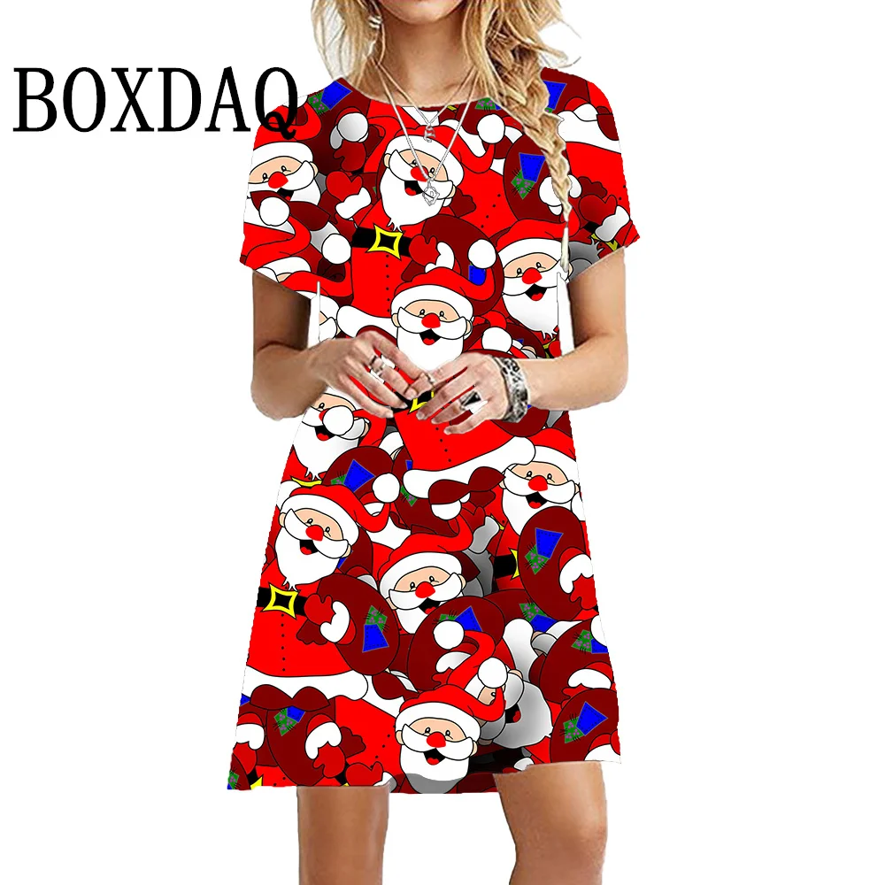 Christmas Dress Cartoon Funny Cute 3D Santa Claus Print Dress Autumn Fashion Short Sleeve Casual Party Clothes Winter Oversized