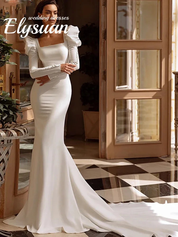 Customized Puffed Long Sleeves Princess Wedding Dress Modest Square Neck Bride Wear Elegant Mermaid Simple  Modern Bridal Gown