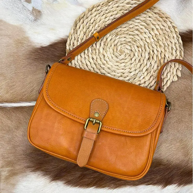 Saddle Crossbody Bag Office Lady Genuine Cowhide Leather Classic Buckle Flap Satchel Purse Women Daily Vintage Shoulder Bags