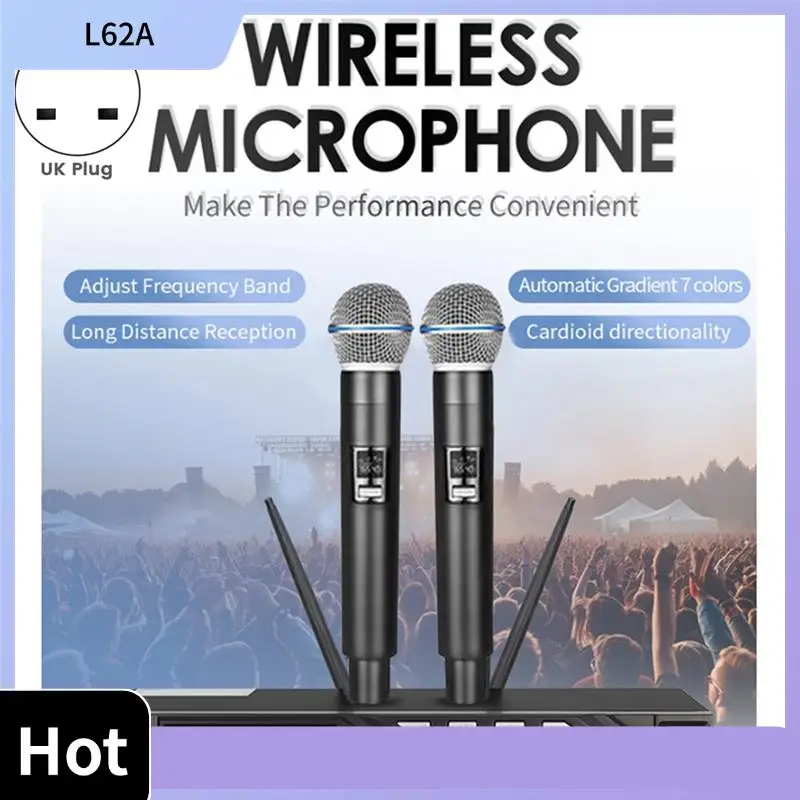 

L62A Professional Wireless Microphone Set Mic UHF Long Range Dual Antenna For Karaoke Stage Performances