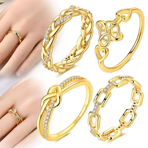 Gold Series Rings 925 Sterling Silver Celtic Knot Chain Intertwined Ring Size 6 7 8 9 Wedding Fashion Fine Jewelry For Women Man
