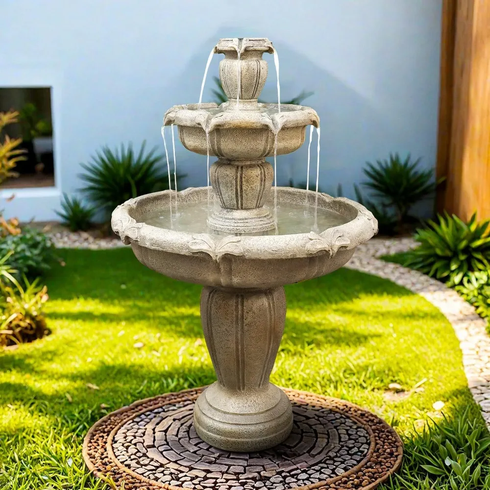 

USA Shipping 48” High Modern Concrete Outdoor Water Fountain 3 Tiered Large Floor Water Fountain and Waterfalls Electric Pump